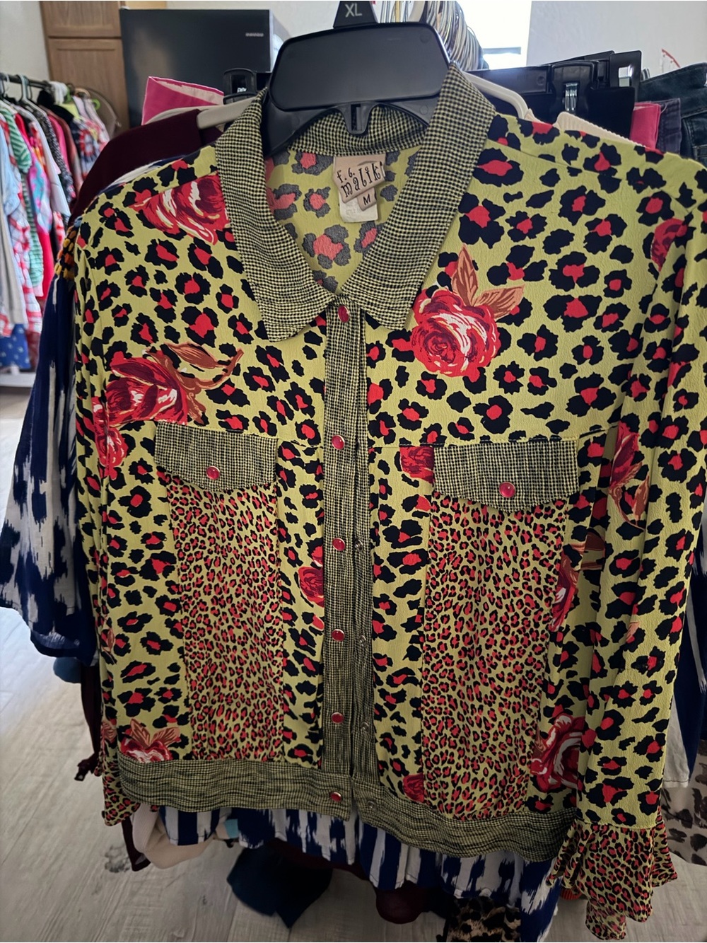 Mixed Print Button-Front Jean Jacket in Olive Green and Red - Unknown Brand